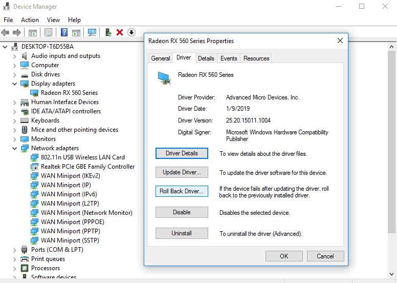 Roll Back VGA Driver in Device Manager