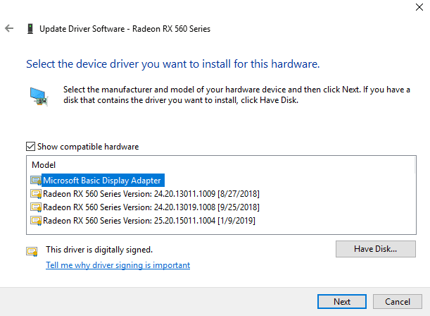 Using the Basic Display Driver from Microsoft
