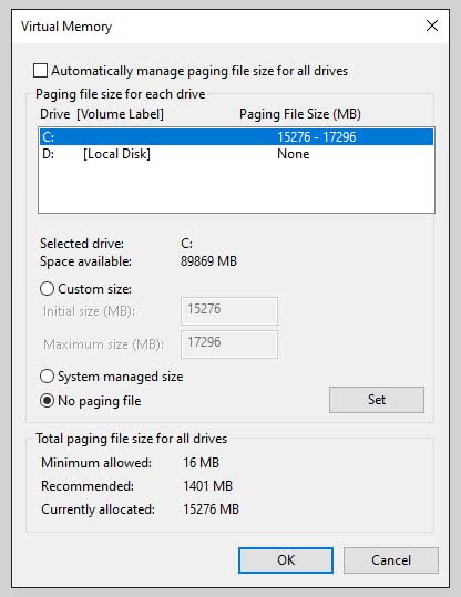 Disable Automatically Manage Paging File Size Disable Automatically Manage Paging File Size