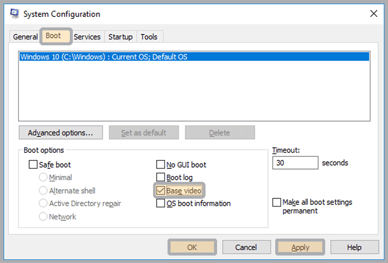 Enabling Video Base in MSCONFIG Enabling Video Base in MSCONFIG