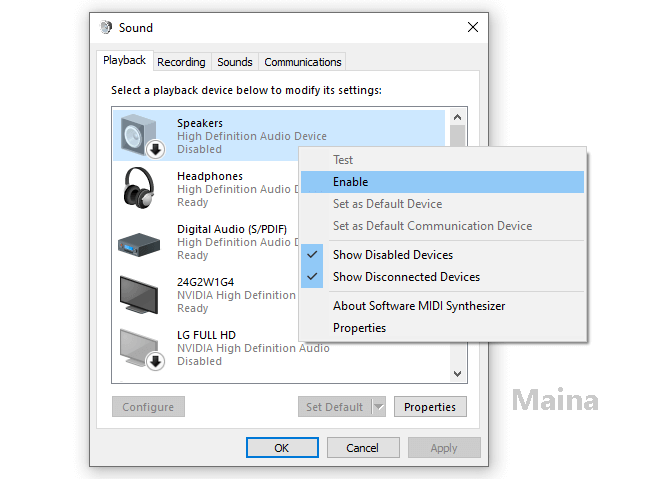 Make Sure Your Speakers Are Not Disabled