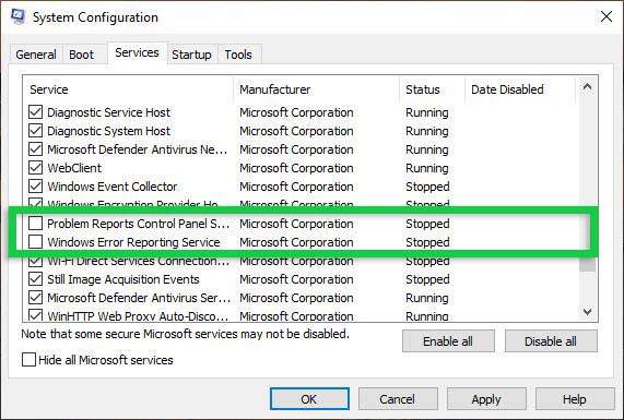 Turn off the Service System Configuration