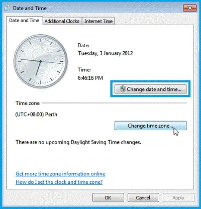 Change date and time in control panel