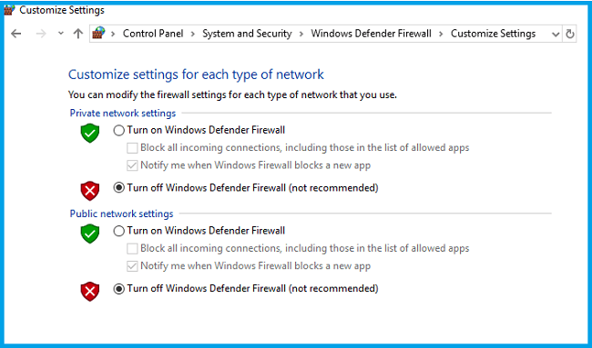 Disable Windows Defender Firewall Disable Windows Defender Firewall