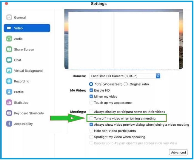 Disable the 'Turn off my video when joining a meeting' option.