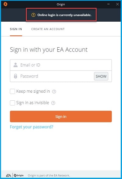 Origin online login is currently unavailable