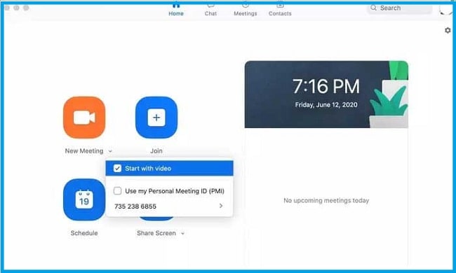 Turn on the start meeting with video option