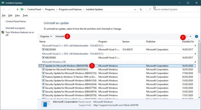 Uninstall Updates from Windows Update