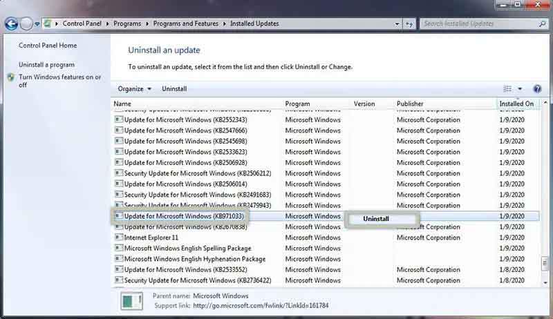 Uninstall update KB971033 on Windows Uninstall update KB971033 on Windows